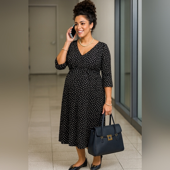 Ingrid & Isabel Large Navy Blue Polka Dot Midi Maternity Dress - Picture 1 of 6